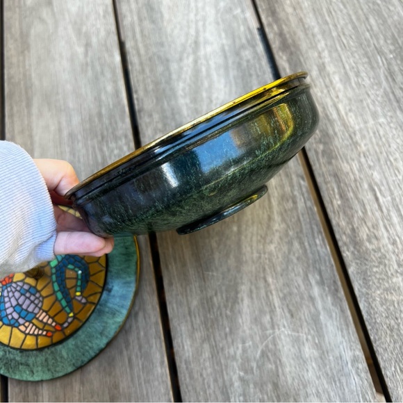 Vintage Dayagi Israel Mosaic Enamel Brass Bowl with Lid Green Patina - Picture 7 of 8
